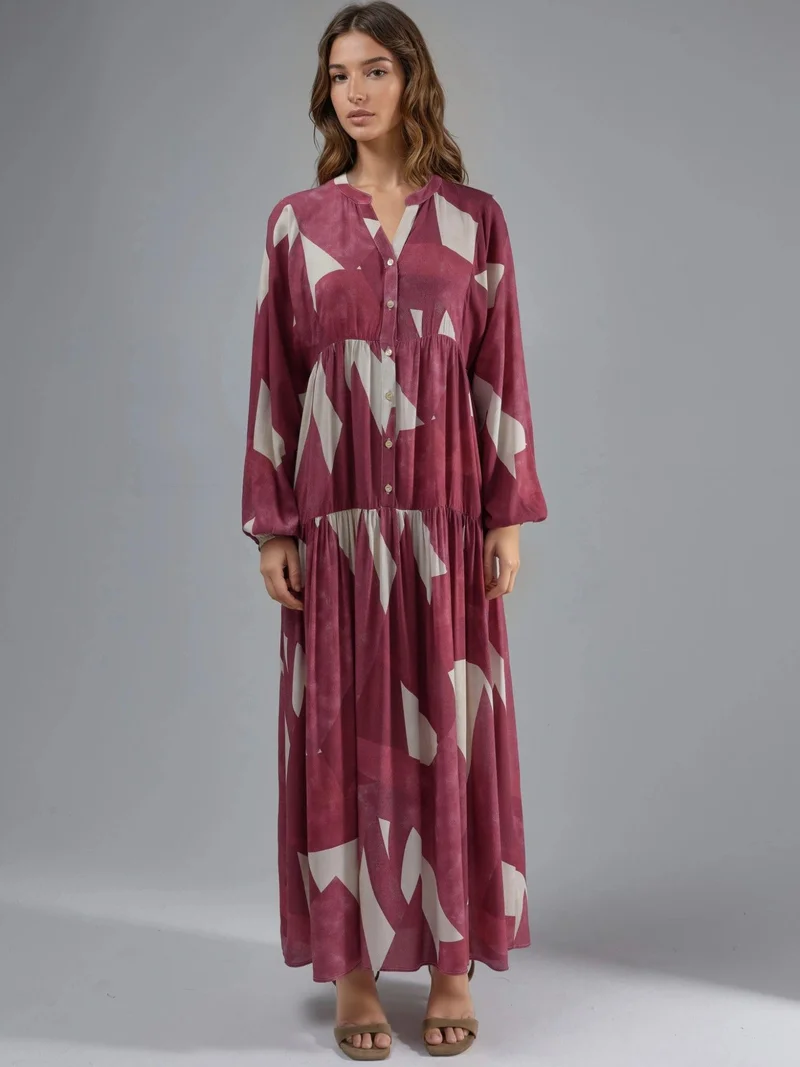 HICCUP Red Printed Long Sleeve Viscose Maxi Dress for Women | Best Price UAE